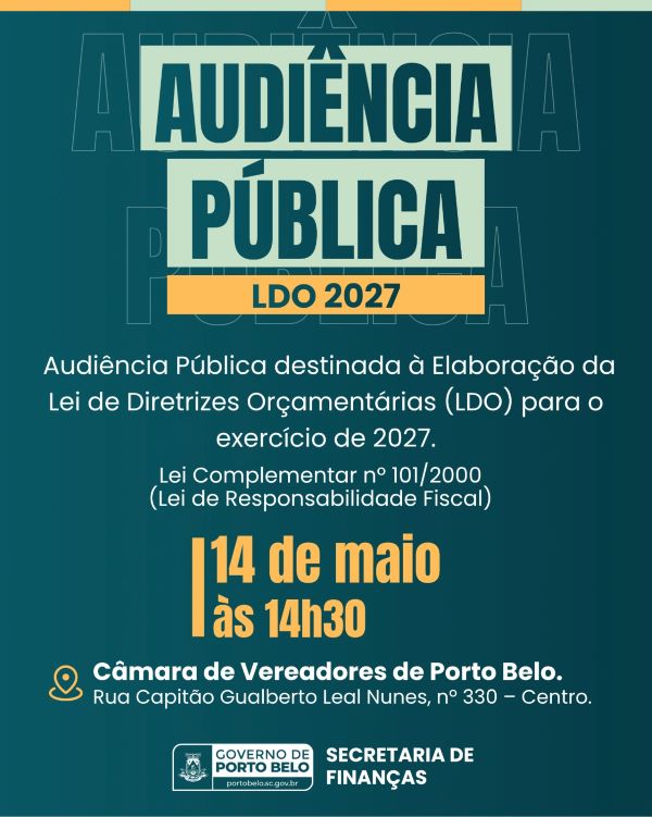 Prefeitura de Porto Belo convoca população para audiência pública da LDO 2027